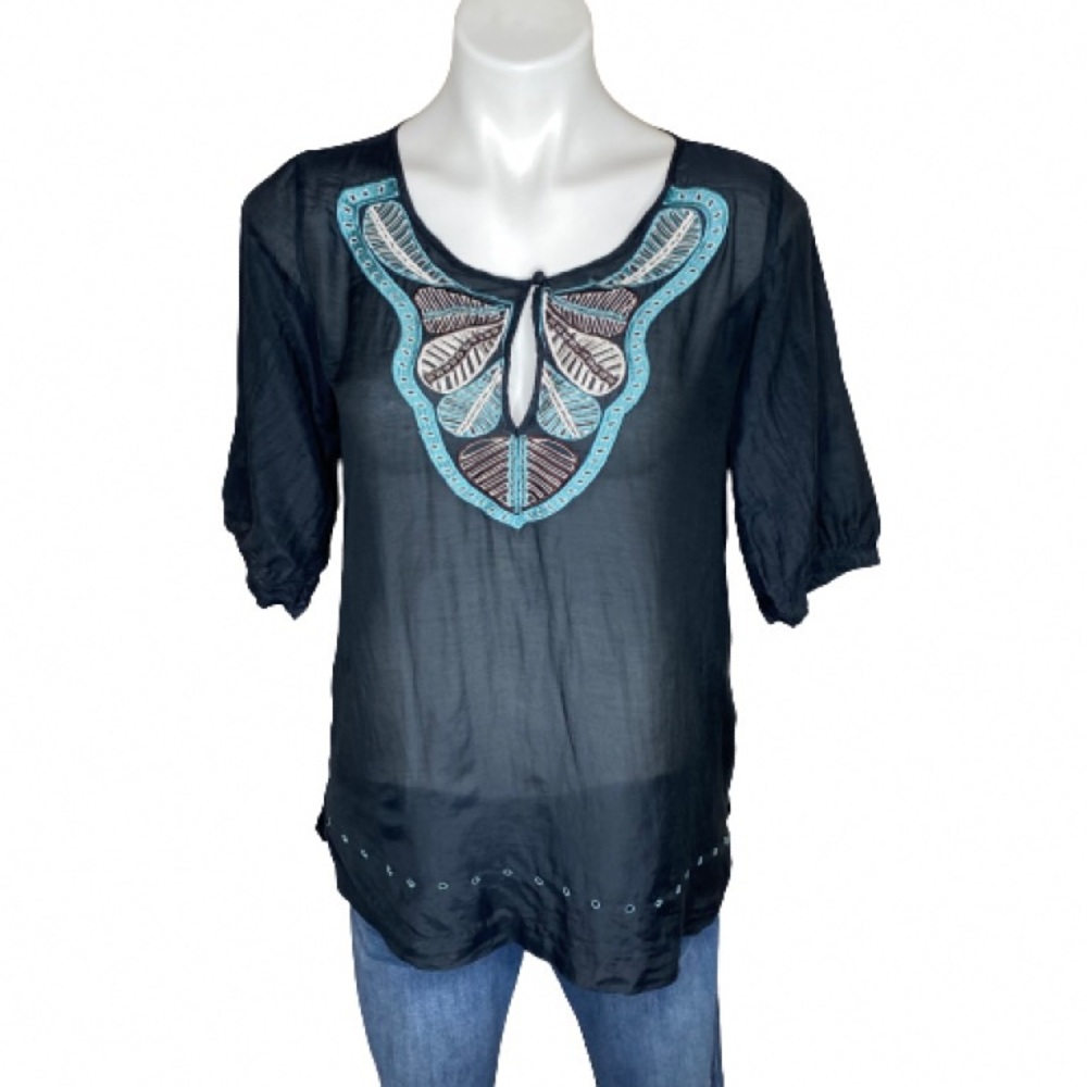 BCBGMaxAzria Black Detailed Silk Cotton Top